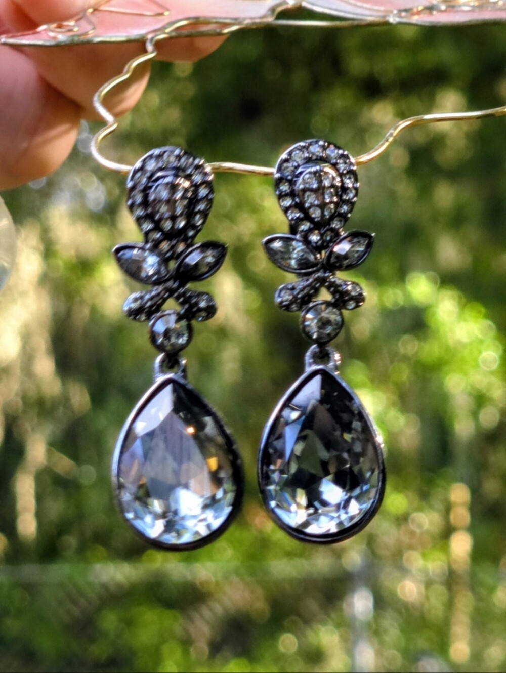 Givenchy Smoky Gray Black Teardrop Crystal Drop Earrings Vintage Clip Style